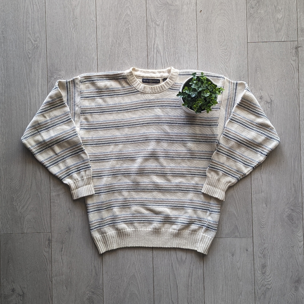Vintage Cream and Navy Striped Crewneck Sweater